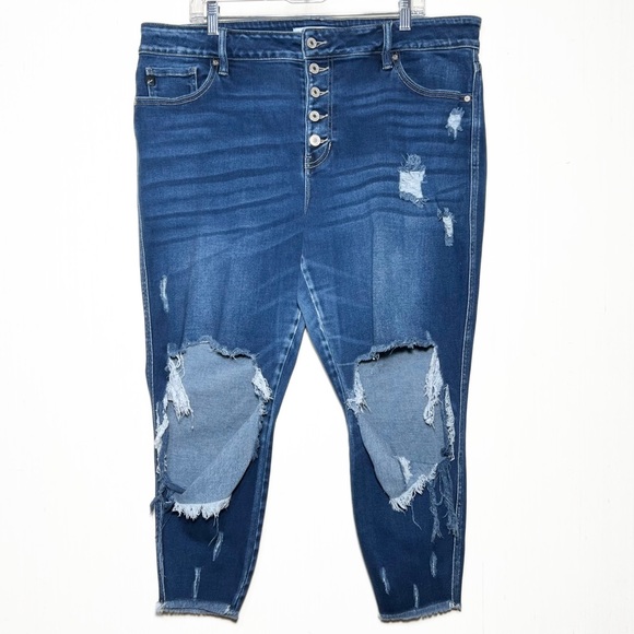 KanCan Denim - KanCan Destroyed Fringe Hem High Waist Button Fly Cropped  Skinny Jeans